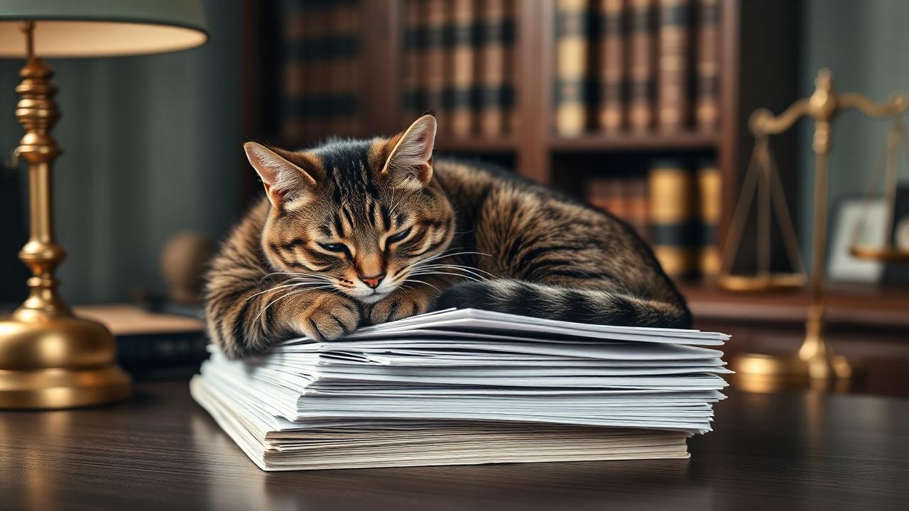 Gato atigrado descansando sobre un montón de documentos en un despacho