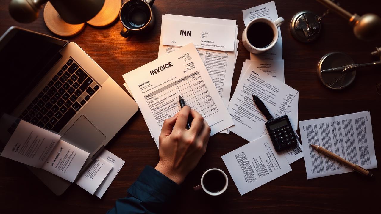 Autónomo revisando facturas y calculadora sobre un escritorio