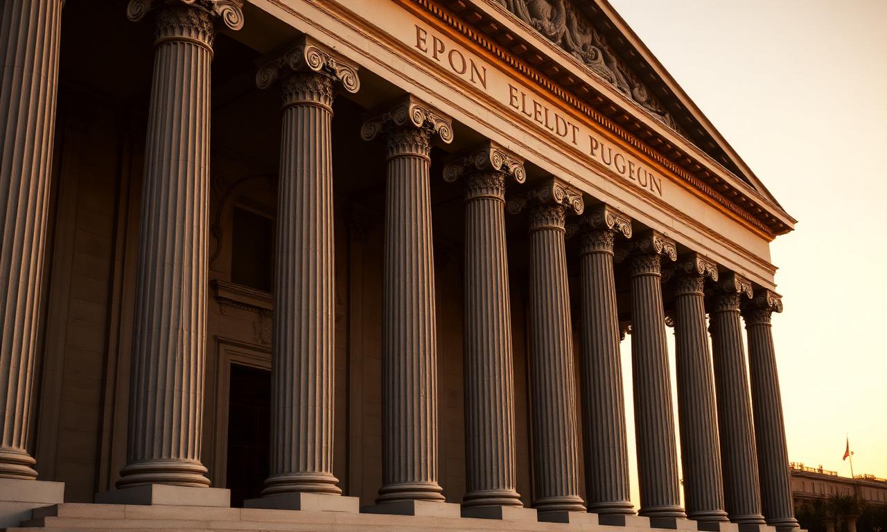 Fachada clásica de tribunal con columnas iluminada por luz dorada