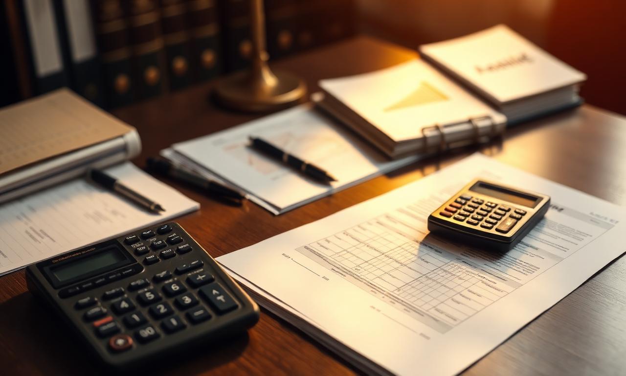Mesa de trabajo con documentación financiera, una calculadora y carpetas de archivo